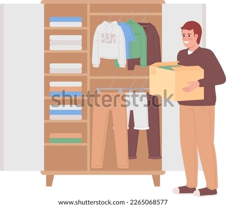 Man with box near open bedroom closet semi flat color vector character. Editable figure. Full body person on white. Simple cartoon style spot illustration for web graphic design and animation