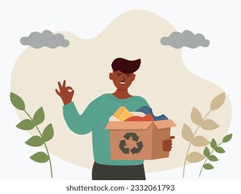 Man with a box of old clothes for recycling. Zero waste concept. Second life for old clothes. Vector illustration