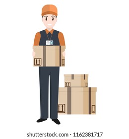Man and box parcel for courier icon. Delivery service illustration