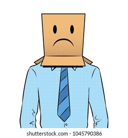 Man with box sad emoji smile on head pop art retro vector illustration. Isolated image on white background. Comic book style imitation.