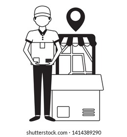 man with box smartphone map location fast delivery vector illustration