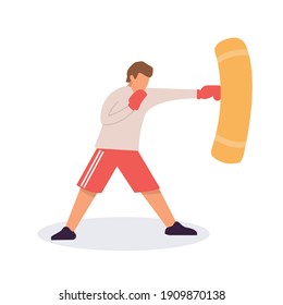 Hombre con guantes boxeadores haciendo ejercicio con una bolsa de punzonaje en el gimnasio. Hombre deportivo durante entrenamiento de boxeo en gimnasia, ilustración de vector plano