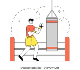 Man boxer at ring simple. Young guy boxing at ring with punching bag. Training and workout. Athlete and sportsman prepare to competition and tournament. Doodle flat vector illustration