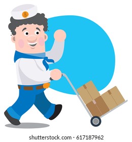A man with boxes cartoon funny character.