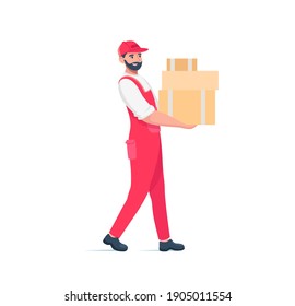 Man with boxes. Concept for transport and relocation companies. Young guy walks with a box in his hands isolated on a white background. Vector stock illustration for moving or delivery company.