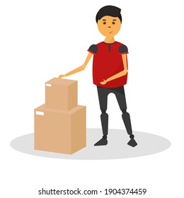 Entrega de Man y cajas en icono de fondo blanco- Vector