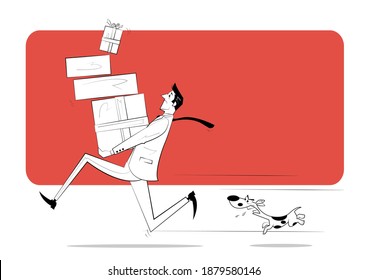Man with boxes of gifts in his hands runs from angry dog