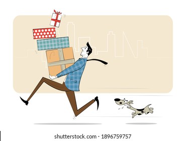 Man with boxes of gifts in his hands runs from angry dog