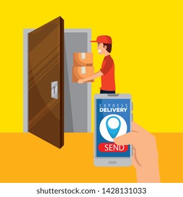 man with boxes packages in the door and hand with smartphone