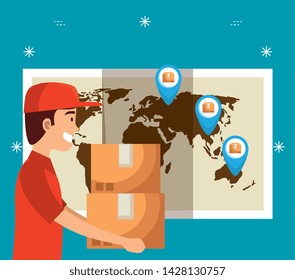 man with boxes packages and global map with location signs