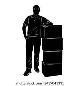 man with boxes silhouette on white background, vector