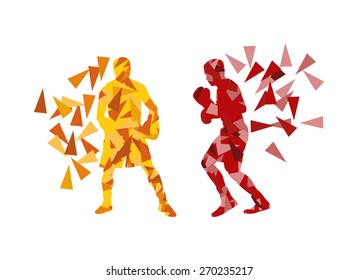 Man boxing fight facing each other in match vector background concept made of triangular fragments