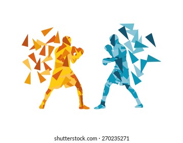 Man boxing fight facing each other in match vector background concept made of triangular fragments