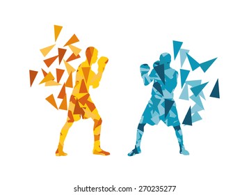 Man boxing fight facing each other in match vector background concept made of triangular fragments