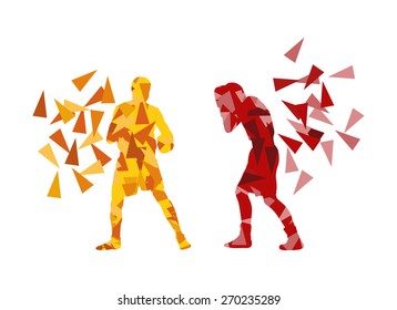 Man boxing fight facing each other in match vector background concept made of triangular fragments