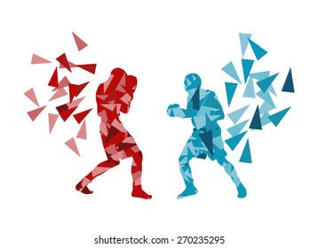 Man boxing fight facing each other in match vector background concept made of triangular fragments