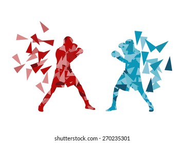 Man boxing fight facing each other in match vector background concept made of triangular fragments