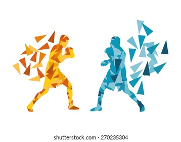 Man boxing fight facing each other in match vector background concept made of triangular fragments