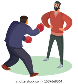 a man in boxing gloves attacks another man, he stands calm and tries to listen and understand what is happening, isolated object on a white background, vector illustration