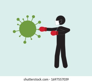 A man in boxing gloves attacks (fights) a bacterium (virus). Medicine, health.