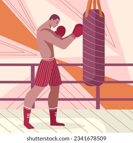 Un hombre con guantes de boxeo tiene punzonados. Jóvenes humanos involucrados en el deporte. Estilo de vida deportivo y saludable. Ilustración vectorial plana en estilo de dibujos animados en colores rojos