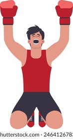 Man in boxing gloves sitting on the ground with arms raised, flat vector art, wearing red tank top. Male athlete in the moment of victory.