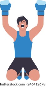 Man in boxing gloves sitting on the ground with arms raised, flat vector art, wearing blue tank top. Male athlete in the moment of victory.