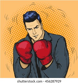 Man in boxing gloves vector illustration in comic pop art style. Businessman ready to fight and protect his business concept.