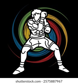 A Man Boxing Kickboxing Muay Thai Boxer Punching Action Cartoon Sport Graphic Vector