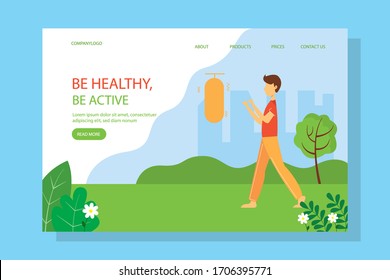 Man Boxing in the Park on the landing page, concept illustration for healthy lifestyle, outdoor activities, exercising. Vector illustration in flat style
