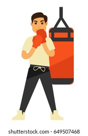 Man boxing punching bag or box ball vector fitness training icons