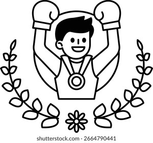 A man in a boxing ring with a flower in the background. The man is smiling and holding his hands up in the air
