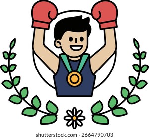 Un hombre en un ring de boxeo con una flor en el fondo. El hombre está sonriendo y sosteniendo sus manos en el aire