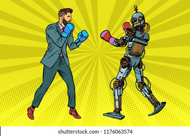 Man Boxing with a robot. Pop art retro vector illustration kitsch vintage