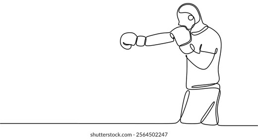 A man boxing, symbolizing strength, endurance, and discipline. One line drawing capturing the intensity of boxing. Vector illustration hand drawn.