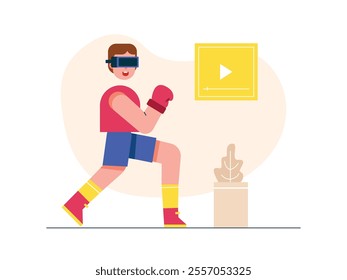 Man boxing using VR, video game and exercise. Character design. Vector flat illustration