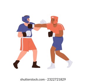 Man boxing wearing gloves, protective helmet with sparring partner having fight against each other