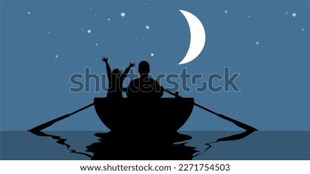 Man and a boy child are seen in a rowboat and are silhouetted agains a night sky, stars and the moon in this vector image.