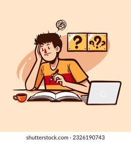 Man or boy confused with his homework illustration vector