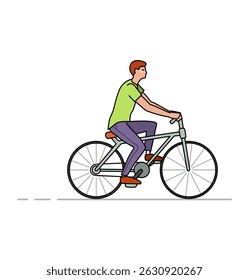 Cara, garoto, ciclista andando de bicicleta. Estilo de vida saudável ativo. Personagem de desenho animado. Ilustração vetorial isolada em branco.
