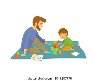 man and boy, father and son palying on floorat home developing games isolated vector illustration scene