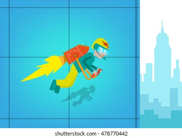 A Man Or Boy Flies Over The City Using A Jet Powered Pack As Transportation. Editable Clip Art.