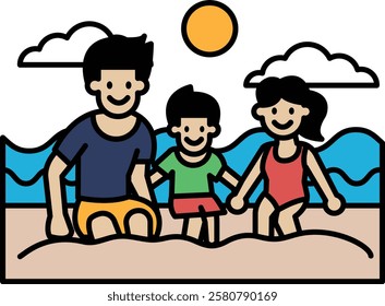 A man, a boy and a girl are sitting on the beach. The man is holding the boy's hand and the girl is holding the man's hand. Scene is happy and relaxed