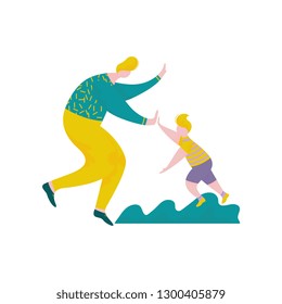 Man and Boy Giving High Five to Each Other, Happy Male and Female Characters Having Fun Outdoors, Human Interaction, Friendship, Teamwork, Cooperation Vector Illustration