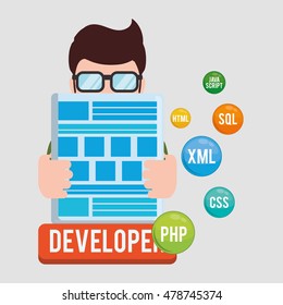 man boy glasses developer web responsive development website programming icon set. Colorful design. Vector illustration