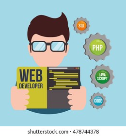 man boy glasses gears developer web responsive development website programming icon set. Colorful design. Vector illustration