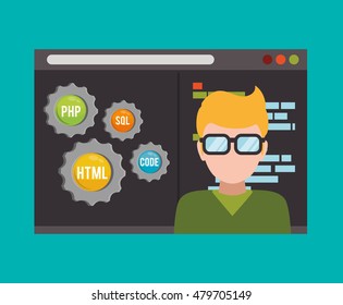 man boy glasses gears developer web responsive development website programming icon set. Colorful design. Vector illustration