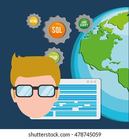 man boy glasses gears planet developer web responsive development website programming icon set. Colorful design. Vector illustration