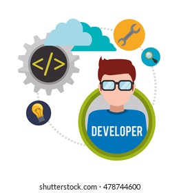 man boy glasses tools lupe bulb cloud developer web responsive development website programming icon set. Colorful design. Vector illustration