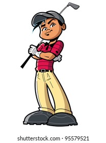 Man Boy Golfer With Red Shirt And Golf Club, Arms Folded Across Chest, With Attitude.